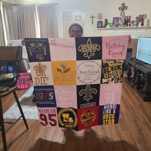 T-shirt quilt with birthdays, celebrations themes by E.D. from TX
