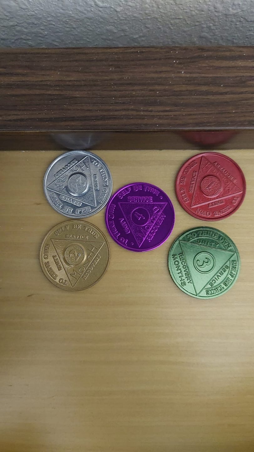 Customer photo review of Sobriety Mint Infinity Aluminum AA Meeting Newcomer Sobriety Chips/Coins/Tokens - 4 Months - Purple