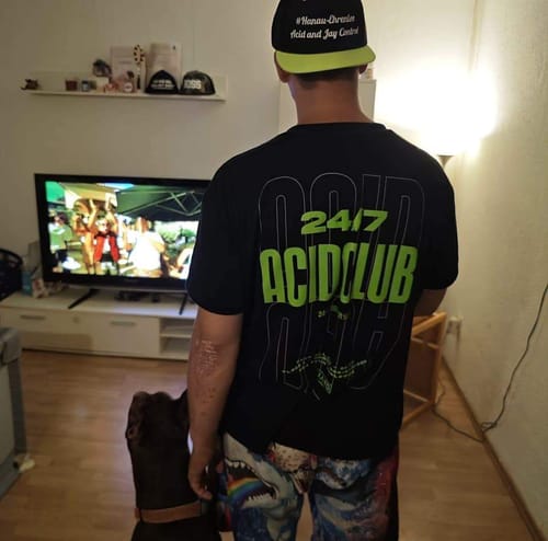 Customer photo review of 24/7 ACID Club Purple Oversized Shirt (Backprint)