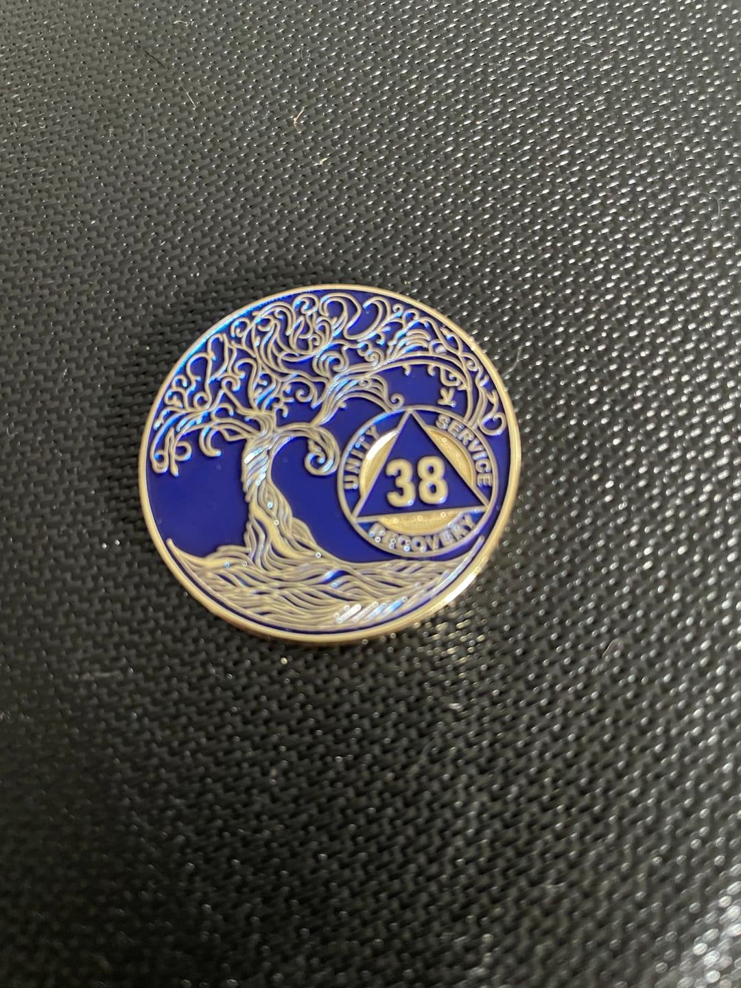 Customer photo review of 1 to 50 Year Sobriety Mint Twisted Tree of Life Gold Plated AA Recovery Medallion/Chip/Coin - Blue