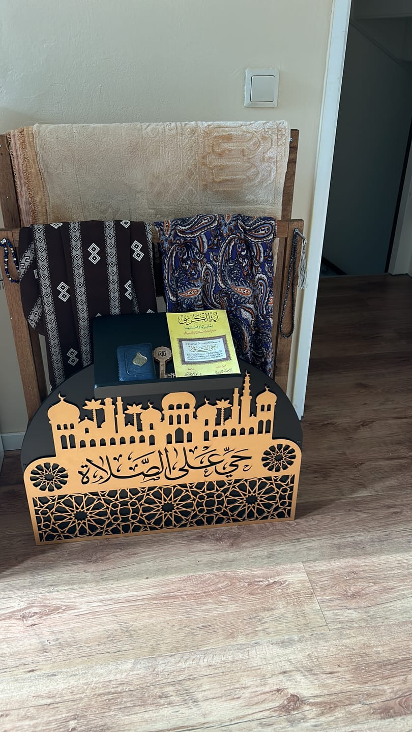 Customer photo review of Prayer Rug Holder - Wooden Prayer Mat Stand and Storage Ideas