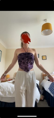 Customer photo review of Halter drawstring ruched beaded mesh print top