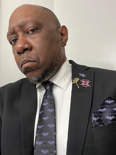 Customer photo review of Barry Wang Black Purple Bat Silk Novelty Tie Handkerchief Cufflinks Set