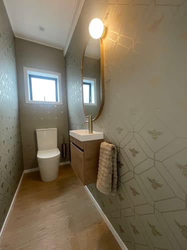 Customer photo review of Honeycomb Bee - Geometric Metallic Wallpaper - Sage Green