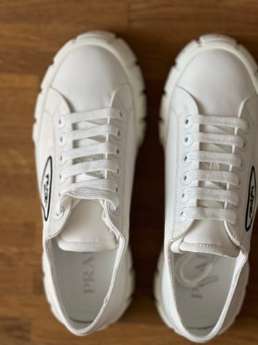 Customer photo review of PRA DOUBLE WHEEL RE-NYLON GABARDINE SNEAKERS WHITE CALFSKIN