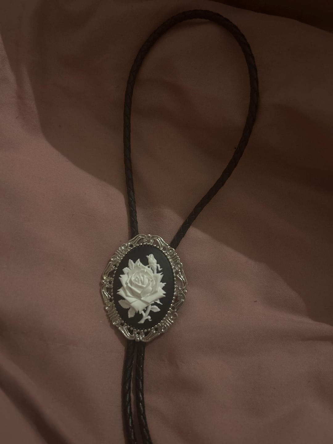Customer photo review of Bolo Tie- Black & White Rose
