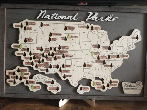 Customer photo review of US Wooden National Parks Travel Map With Trees To Record Park Visits (Light Grey)