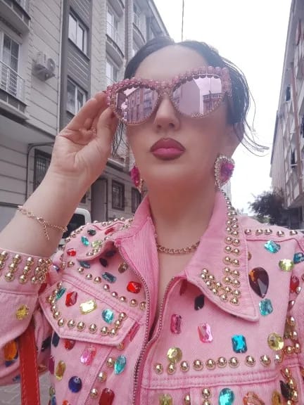 Customer photo review of Gem Embellished Pink Denim Jacket
