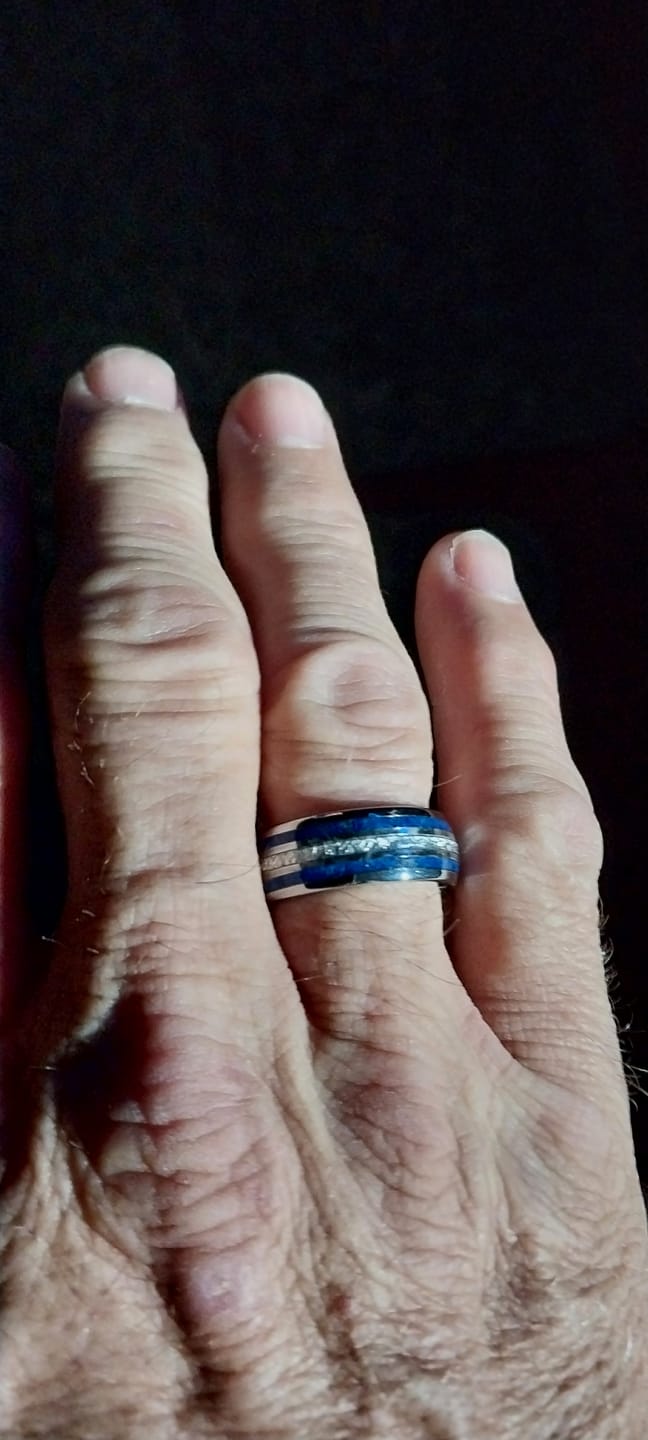 Customer photo review of 8mm - Mens Domed Tungsten Meteorite Ring, W/ Lapis Lazuli Inlay