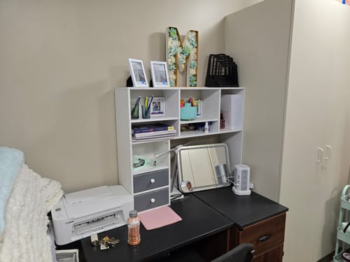 Customer photo review of Desktop Bookshelf with 8 Shelves and 2 Drawers, Home office Organizer, College Dorm Desk
