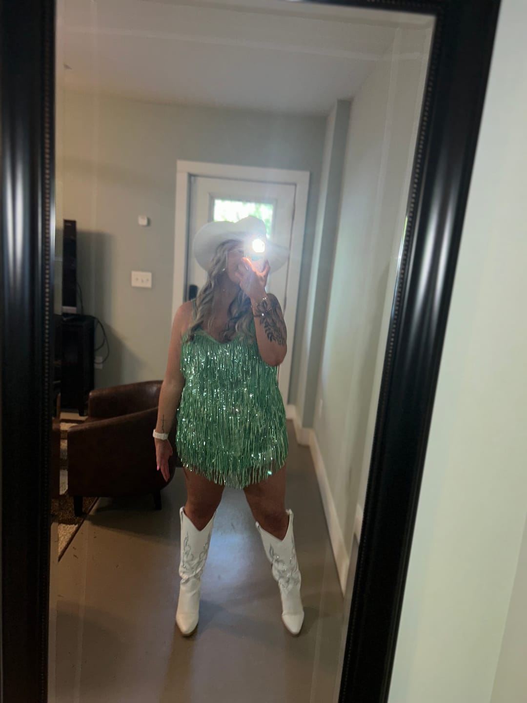 Customer photo review of Shake It My Way Short Sequin Fringe Mini Dress