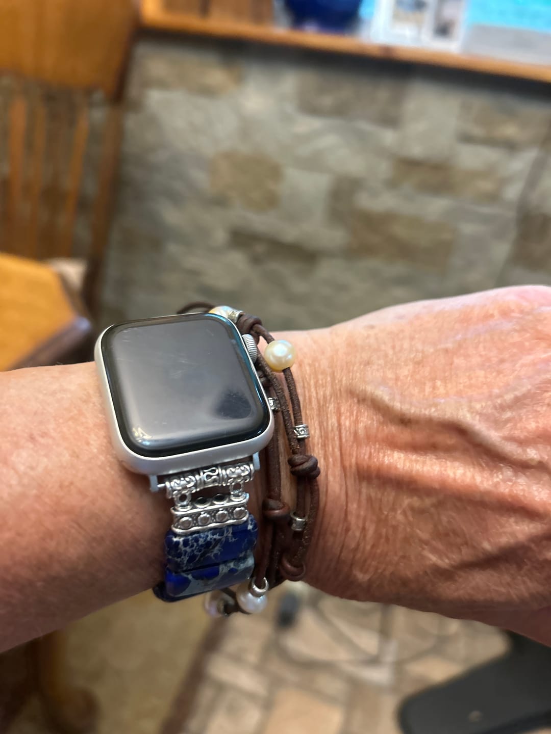 Customer photo review of Dark Navy Tibetan Jasper Stretch Apple Watch Strap