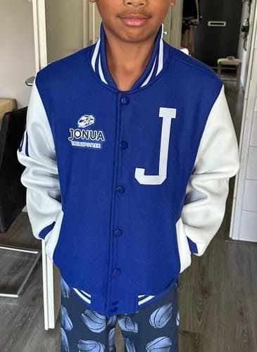 Customer photo review of Custom Royal White Bomber Full-Snap Varsity Letterman Two Tone Jacket