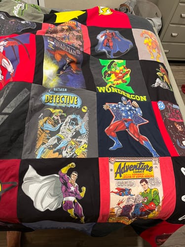 T-shirt quilt with comics, superheroes themes by Michael from AZ