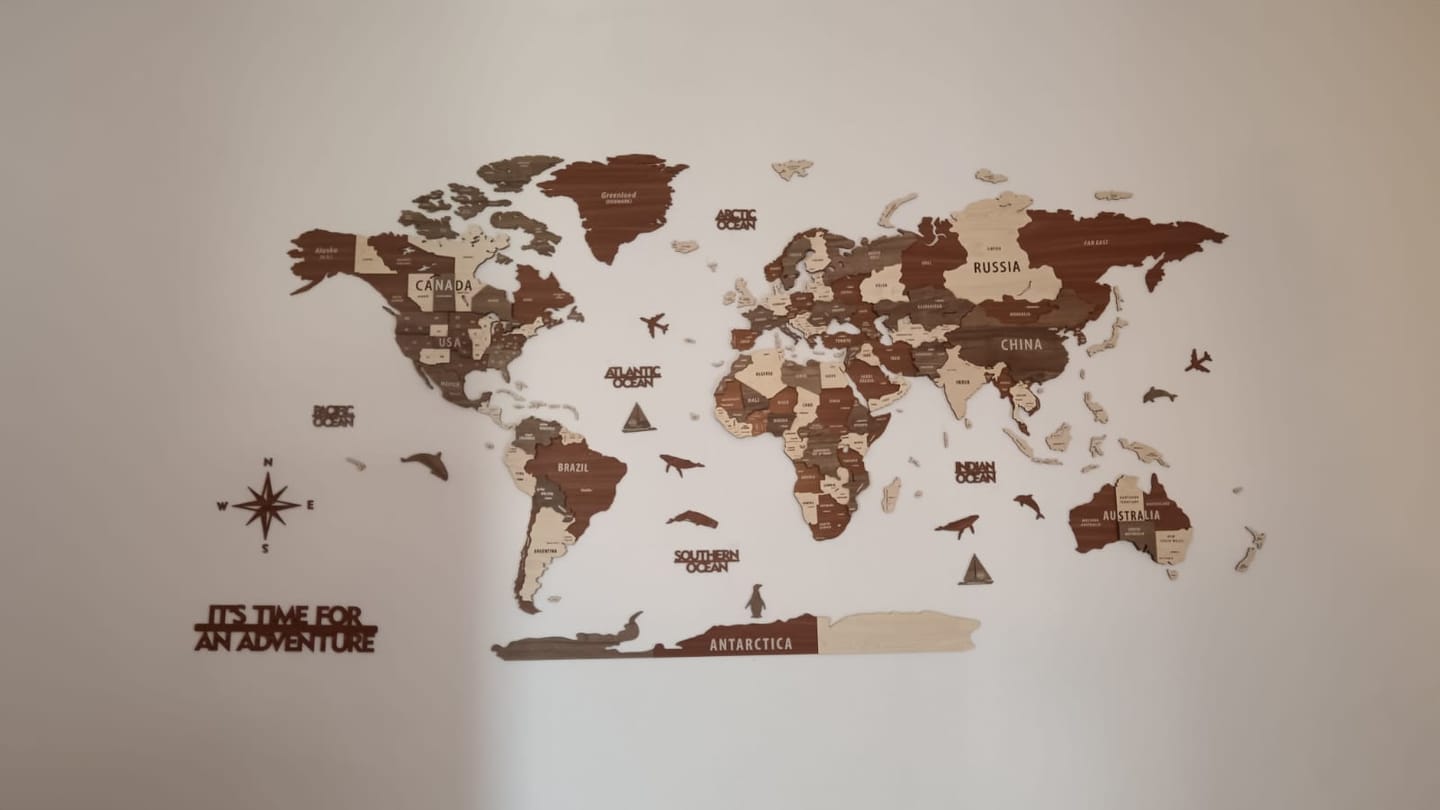 Customer photo review of Wooden World Map Wall Art - 3d Wood Push Pin Maps, Multicolor