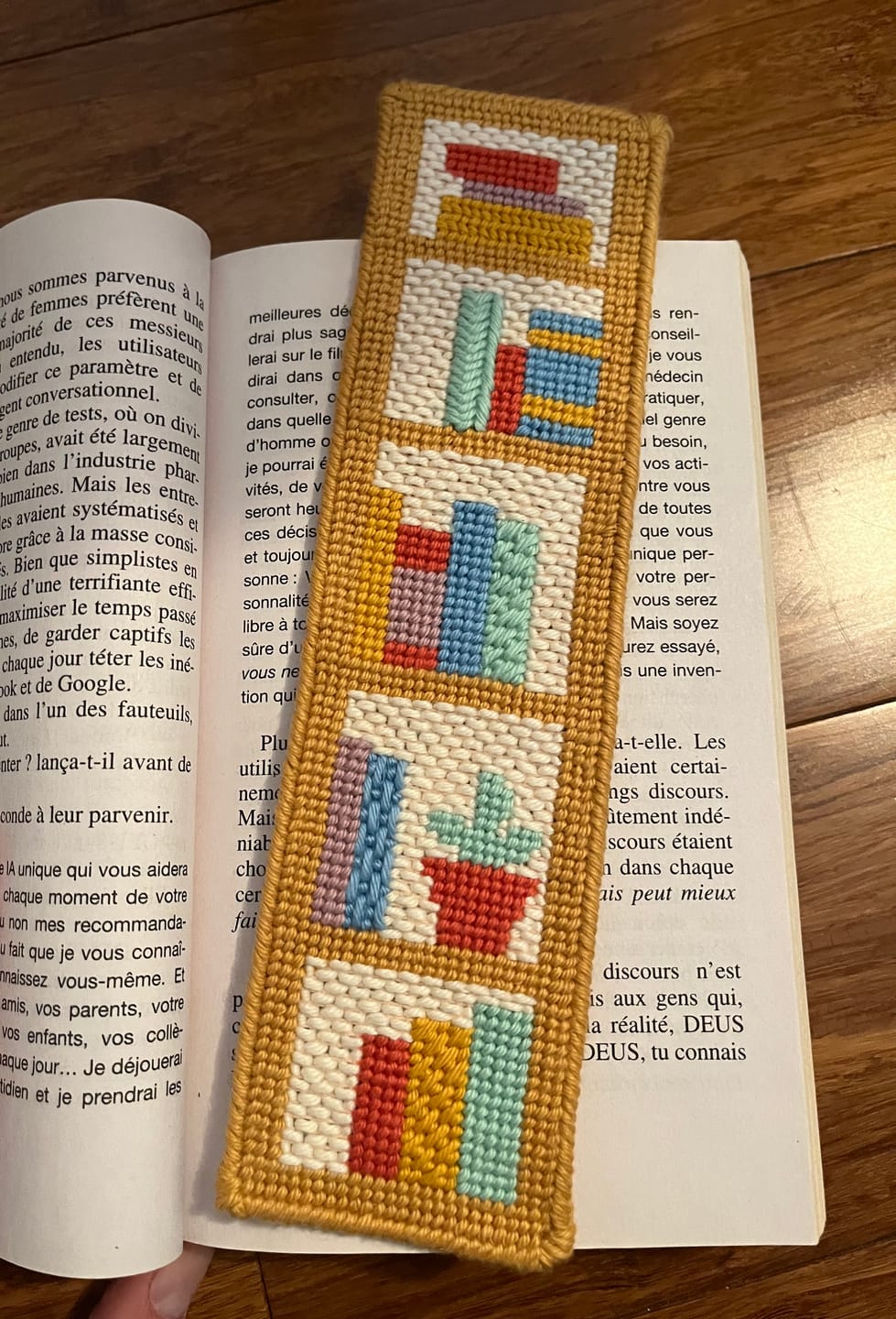 Customer photo review of Bookshelf Wealth Bookmark Needlepoint Kit