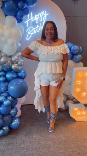 Customer photo review of Motionkiller Off-Shoulder Ruffle Tunic Top