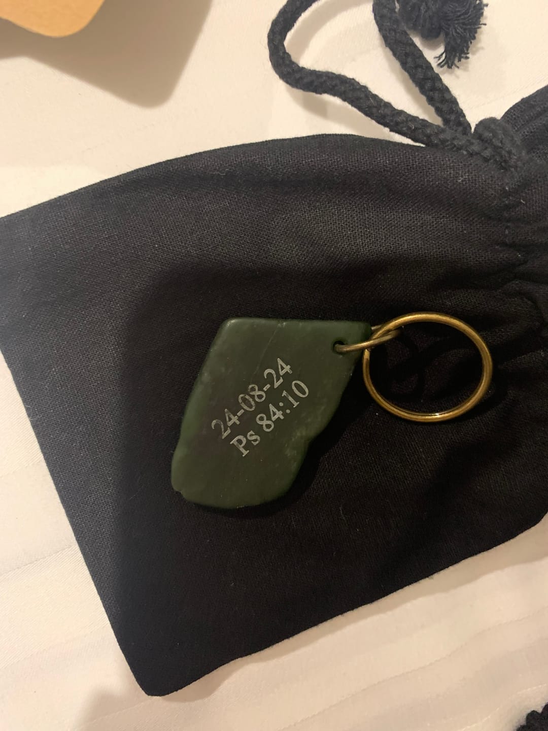 Customer photo review of Engraved Greenstone Key Ring