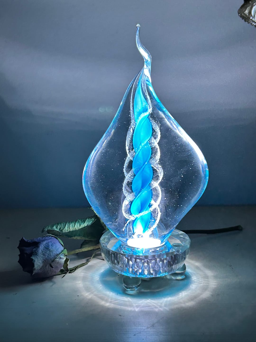 Customer photo review of Illuminated Memorial Glass Flame with Cremation Ashes