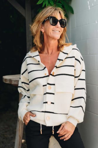 Customer photo review of Fashion and Comfort Knit Striped Button Up Pocket Hoodie Cardigan