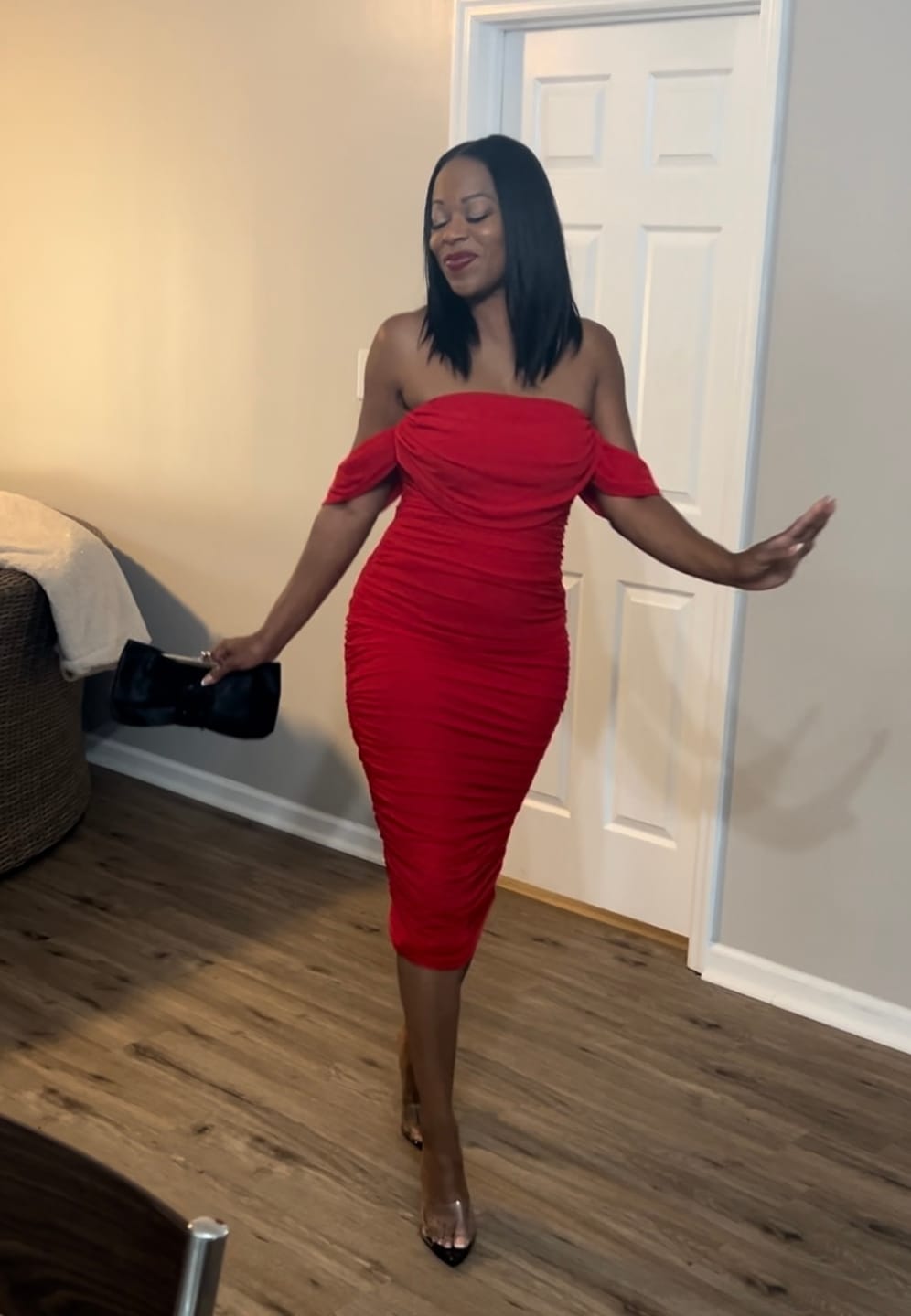 Customer photo review of Kat Mesh Off Shoulder Dress - Red