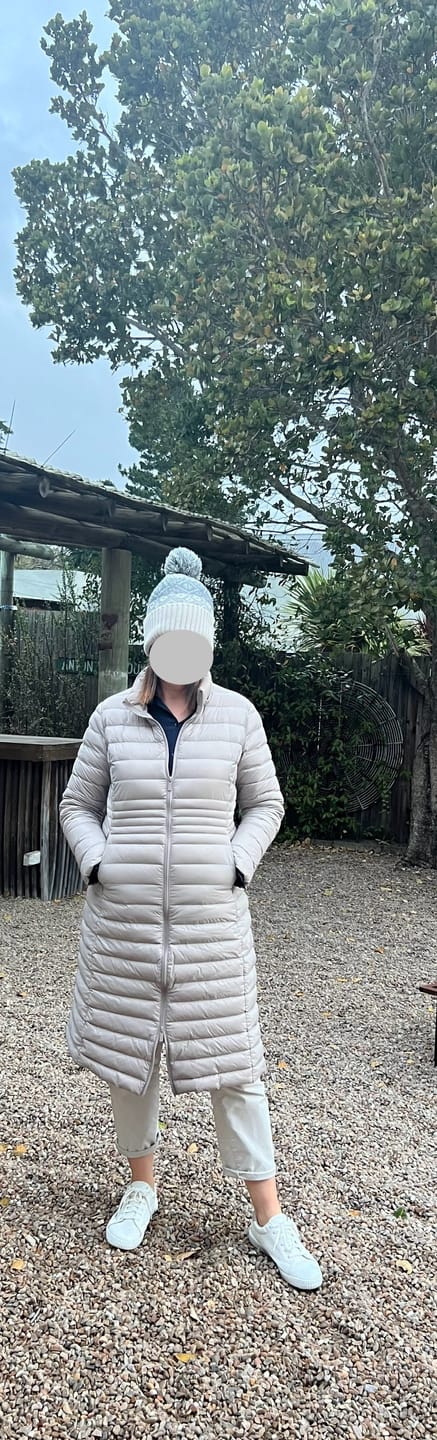 Customer photo review of Latte Maxi Duck Down Puffer Coat