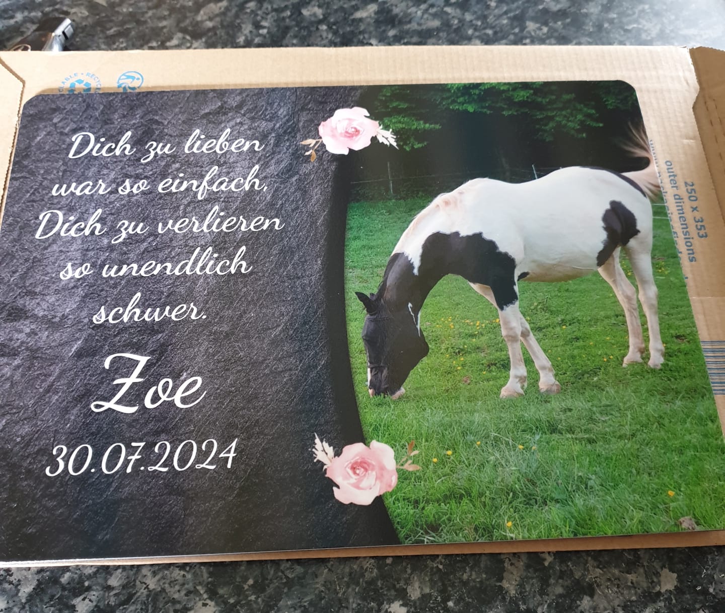 Customer photo review of Pferde Gedenktafel mit Foto & Spruch (UV- & Wetterfest)