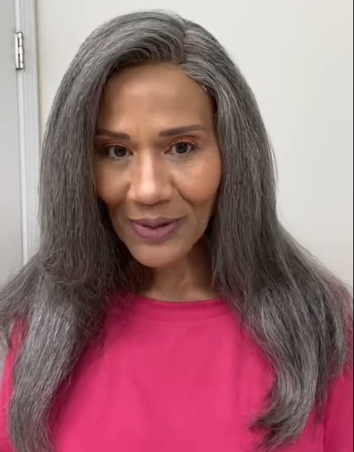 Customer photo review of Luvwin Kinky Straight Wavy Layered Style Gray Color Salt And Pepper Hair 5x5 Closure Wig