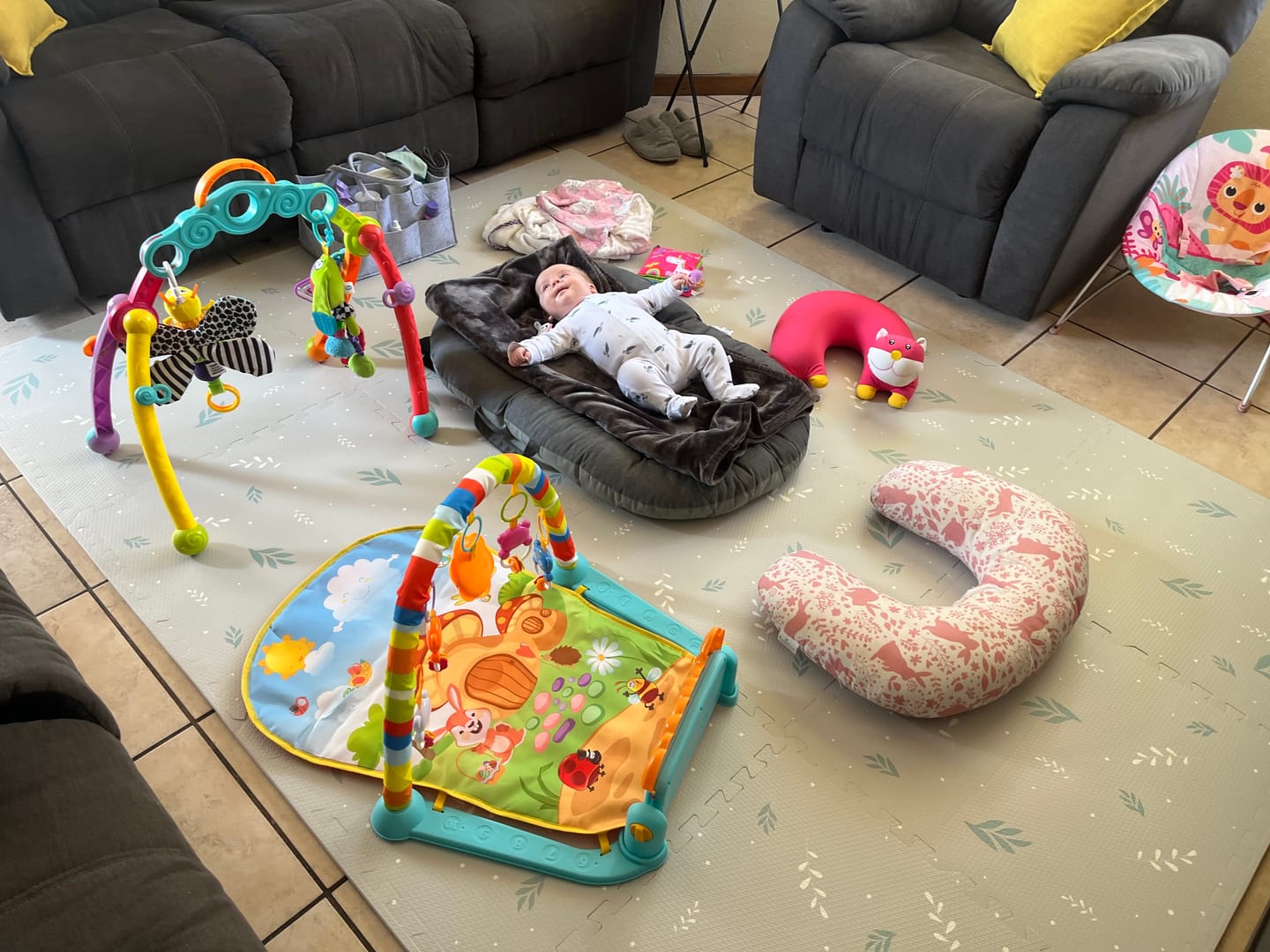 Customer photo review of Dove grey with white and mint leaves play mat