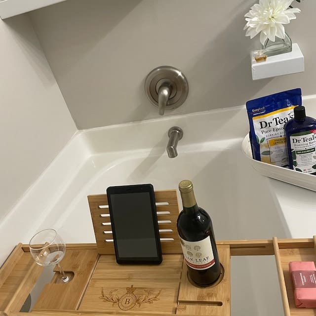 Customer photo review of Personalised Extendable Bath Caddy Tray with Wine Glass Holder