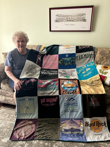 T-shirt quilt with travel, beach themes by Carol from IL