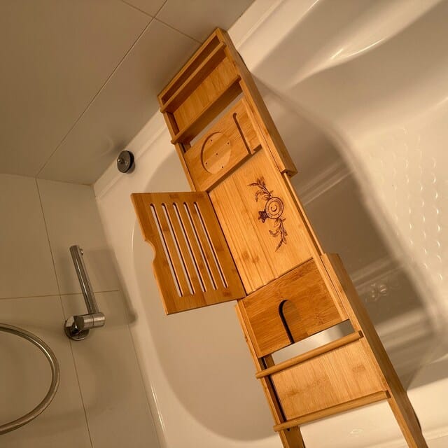 Customer photo review of Personalised Extendable Bath Caddy Tray with Wine Glass Holder