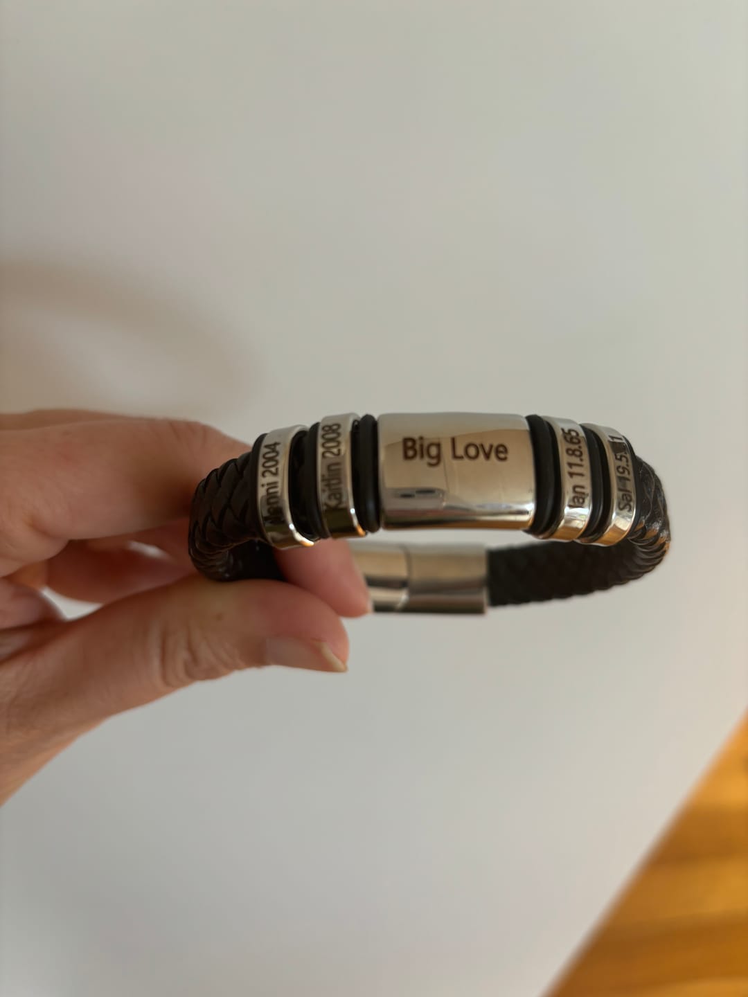 Customer photo review of Personalised Leather Bracelet with Coloured Steel