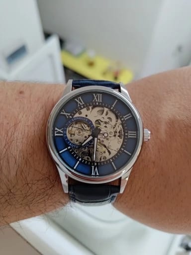 Customer photo review of Elegance® Navy Sleek 8020 Men Automatic Watch Mechanical Rome Skeleton 40mm Leather Waterproof Wristwatch
