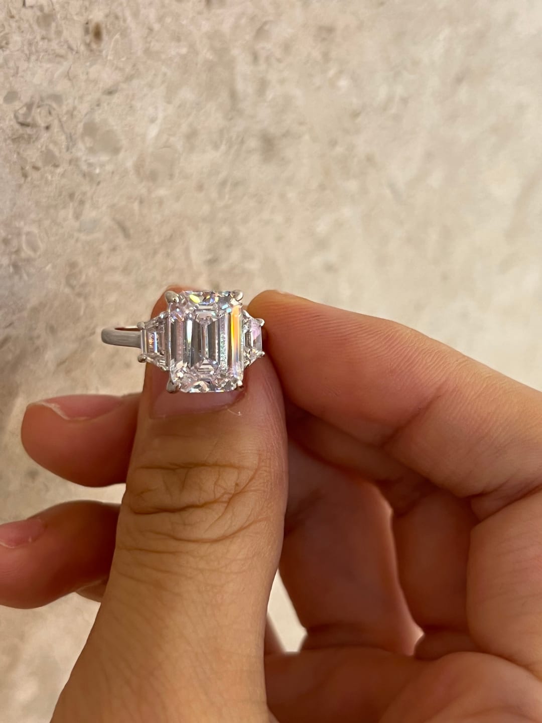 Customer photo review of S925 4.5 Carat Emerald Cut Three Stone Engagement Ring Anniversary Ring Gift