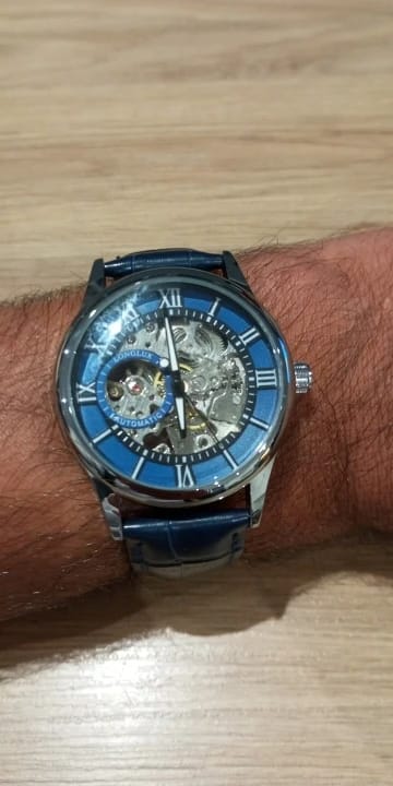 Customer photo review of Elegance® Navy Sleek 8020 Men Automatic Watch Mechanical Rome Skeleton 40mm Leather Waterproof Wristwatch