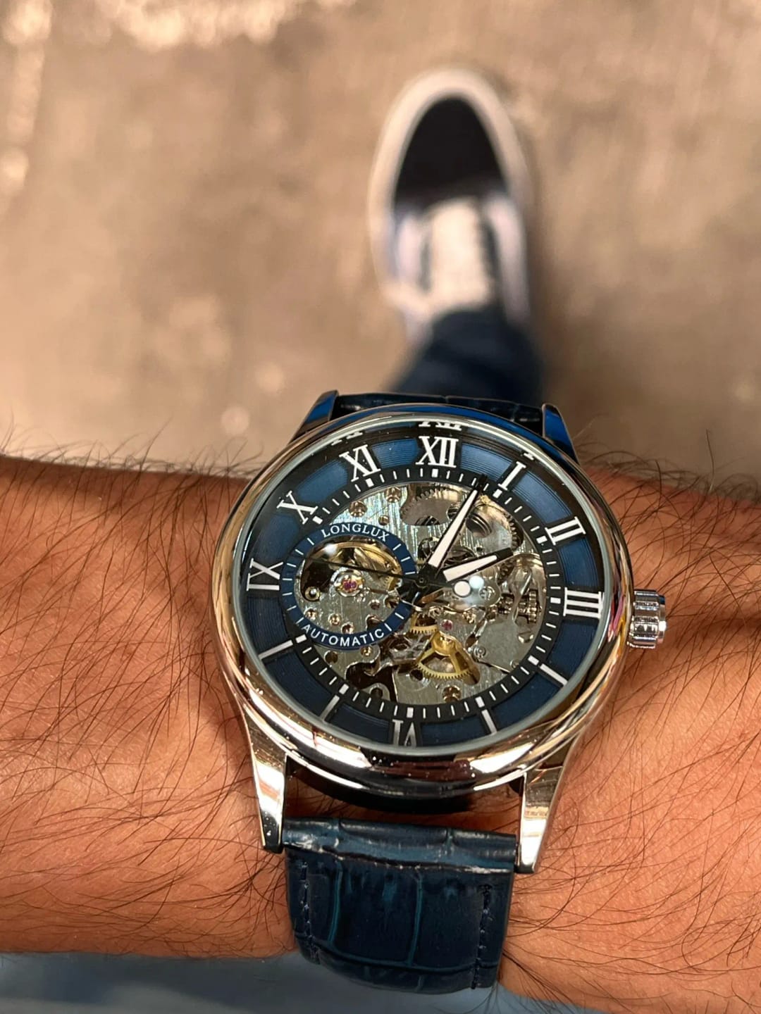 Customer photo review of Elegance® Navy Sleek 8020 Men Automatic Watch Mechanical Rome Skeleton 40mm Leather Waterproof Wristwatch