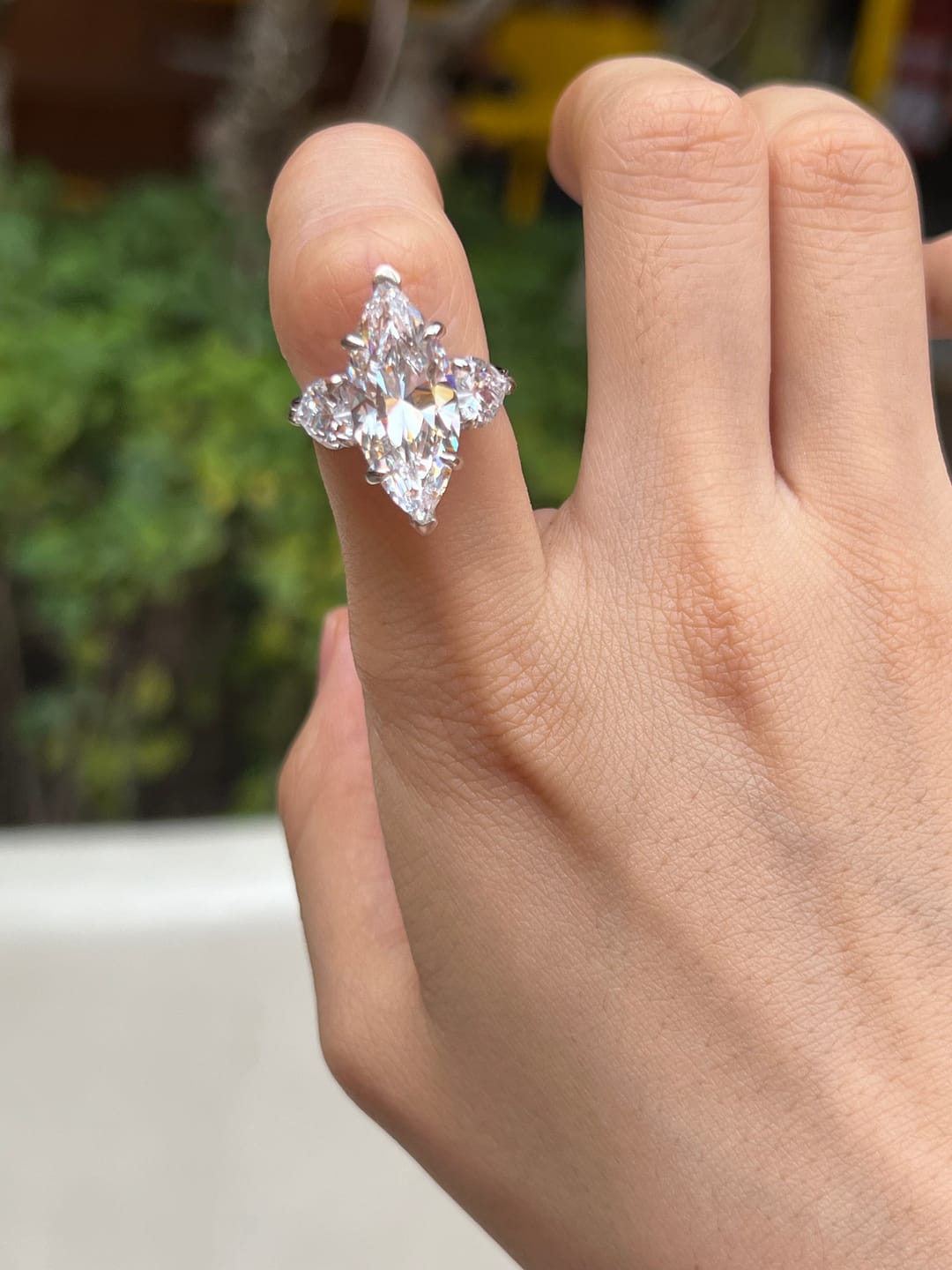 Customer photo review of Louily Marquise Cut Three Stone Engagement Ring In Sterling Silver