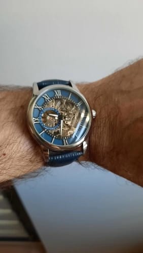 Customer photo review of Elegance® Navy Sleek 8020 Men Automatic Watch Mechanical Rome Skeleton 40mm Leather Waterproof Wristwatch