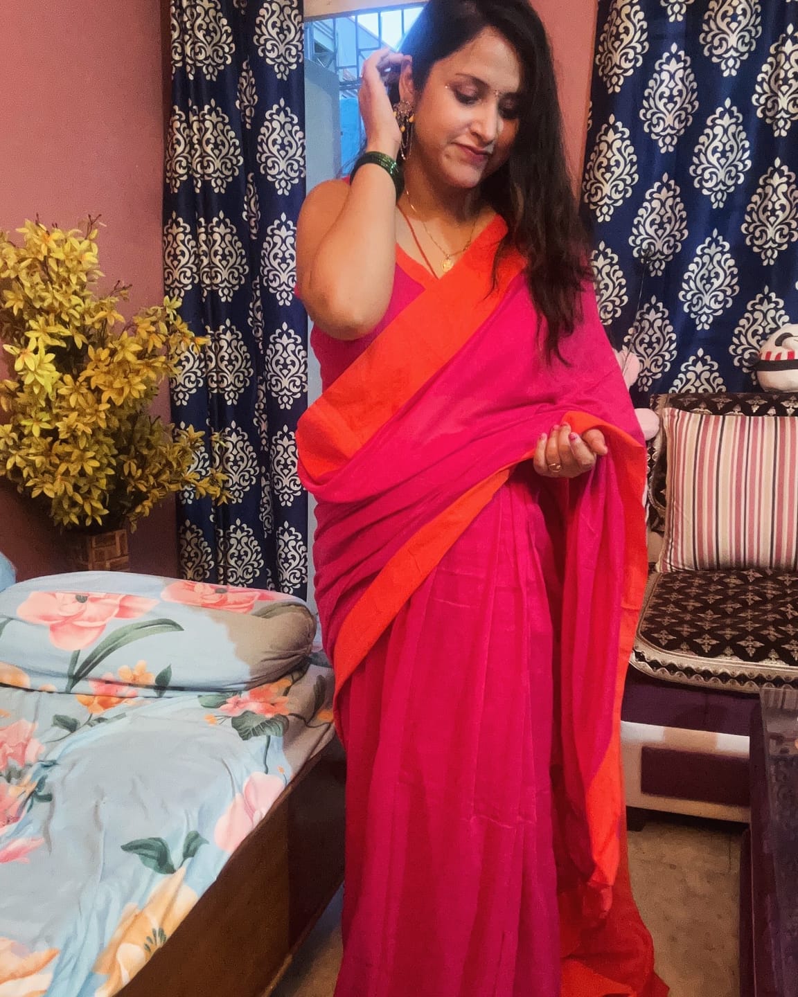 Customer photo review of Pink Orange Soft Cotton  Saree