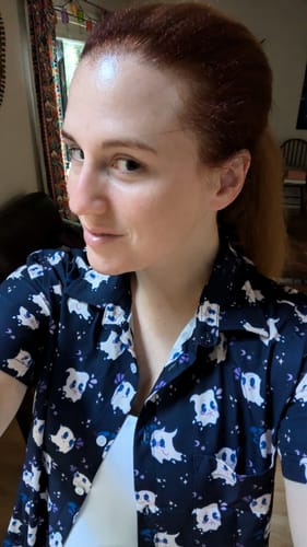 Customer photo review of Anxious Ghosts Purple Button Up Shirt