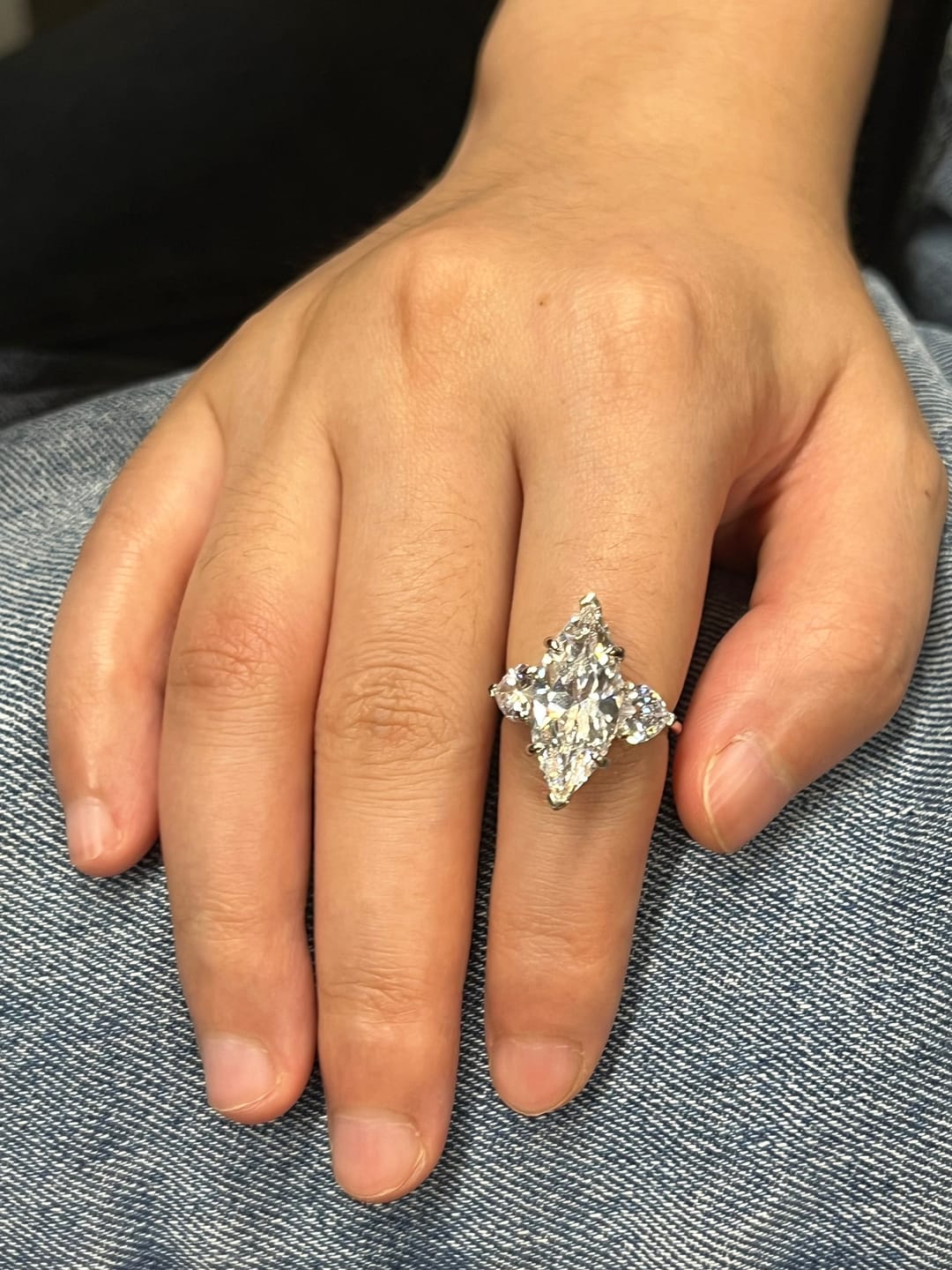Customer photo review of Louily Marquise Cut Three Stone Engagement Ring In Sterling Silver
