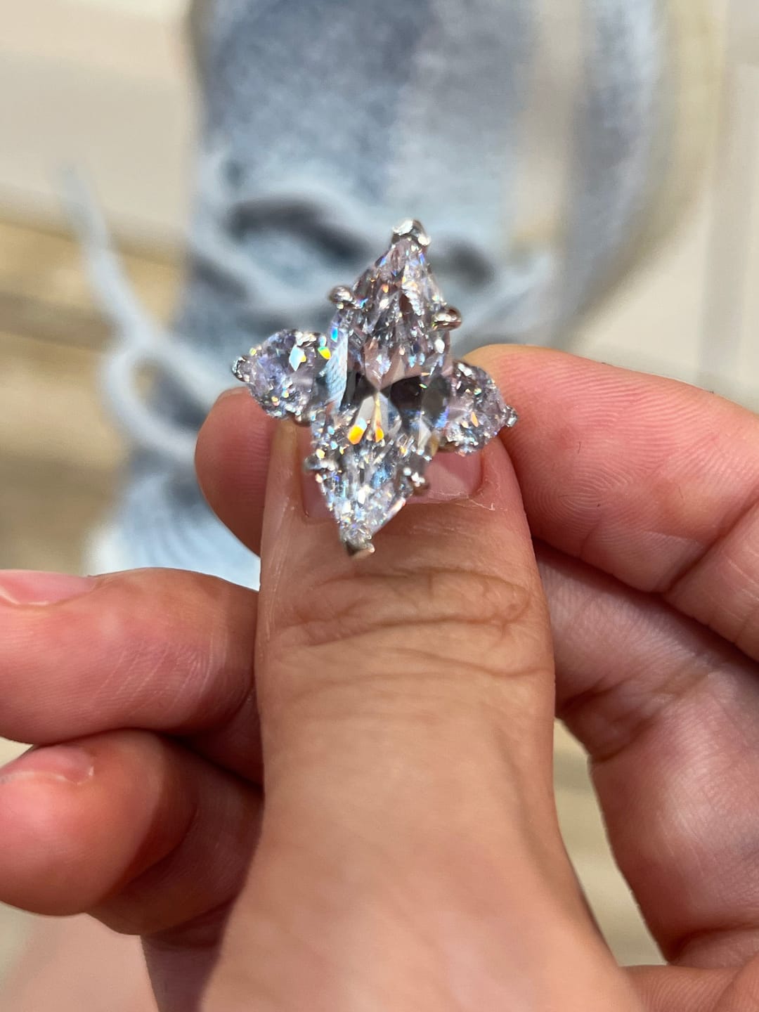 Customer photo review of Louily Marquise Cut Three Stone Engagement Ring In Sterling Silver