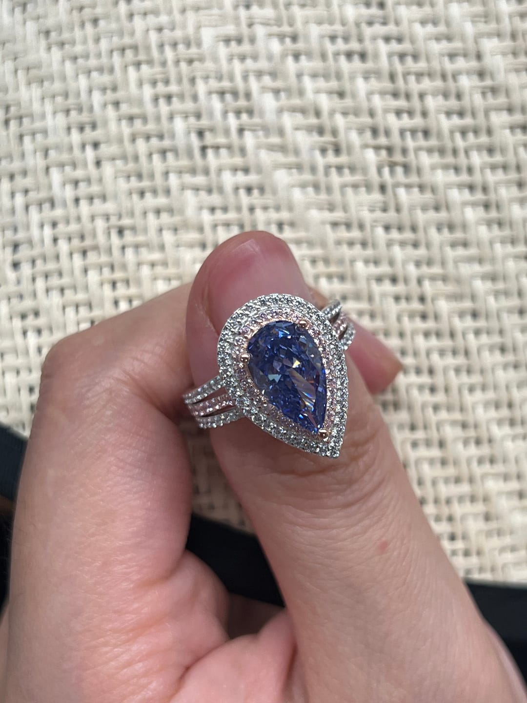 Customer photo review of Louily Luxurious Double Halo Pear Cut Aquamarine Blue/Purple Engagement Ring In Sterling Silver