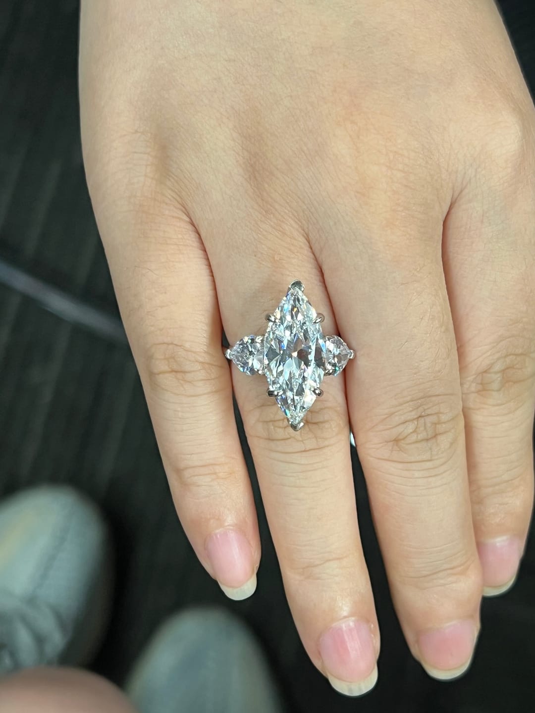 Customer photo review of Louily Marquise Cut Three Stone Engagement Ring In Sterling Silver