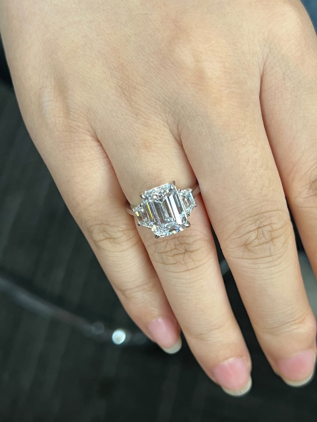 Customer photo review of S925 4.5 Carat Emerald Cut Three Stone Engagement Ring Anniversary Ring Gift