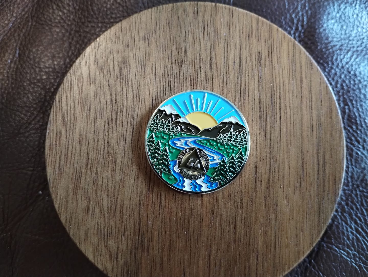 Customer photo review of 1 to 65 Year Sobriety Mint Winding River Gold Plated AA Recovery Medallion/Chip/Coin