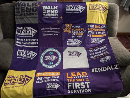 T-shirt quilt with alzheimers awareness, charity events themes by Carole from CA