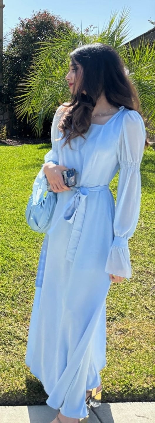 Customer photo review of Light Blue Tiered Puff Sleeves Long Evening Dress