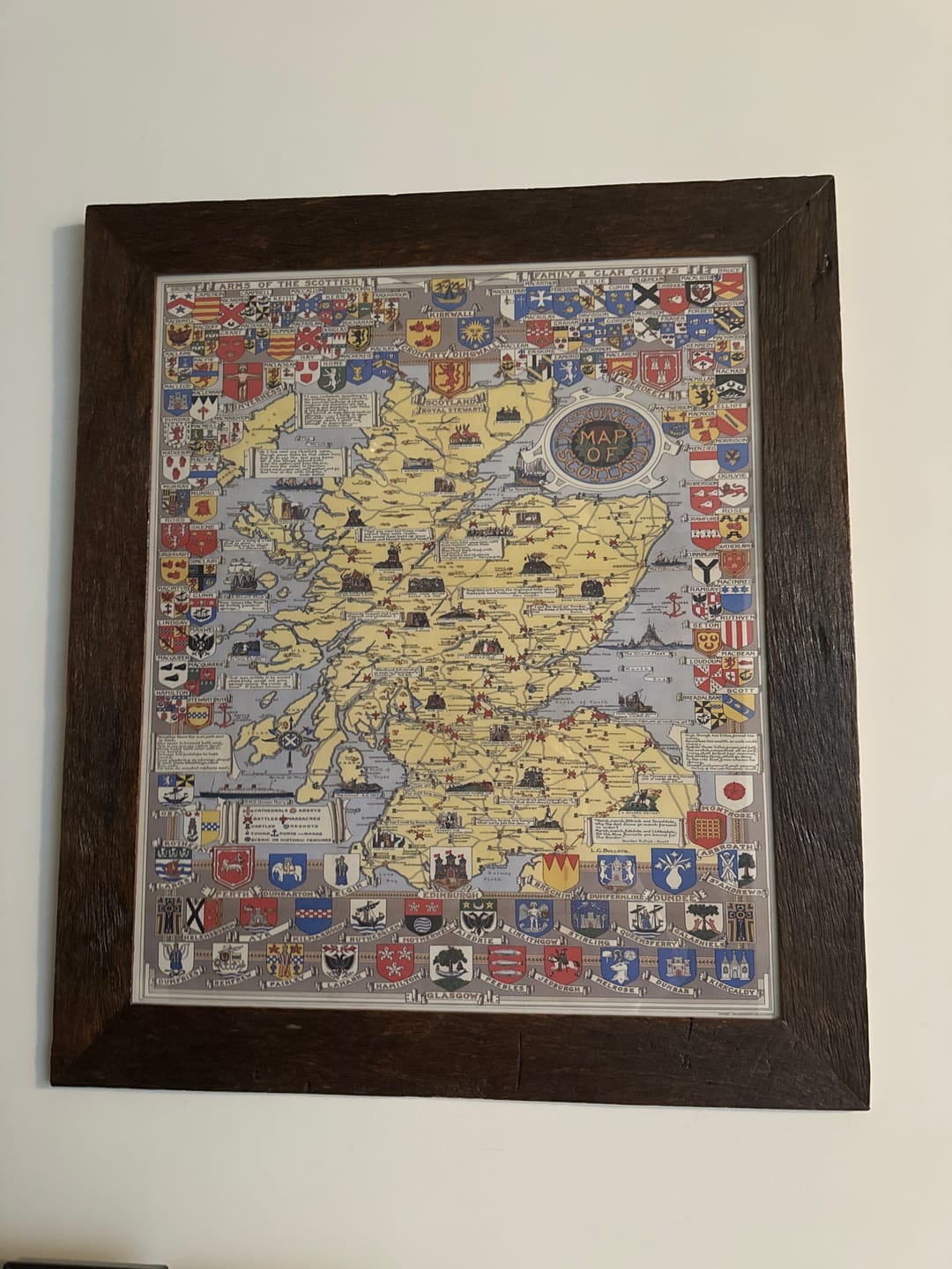 Customer photo review of Old Historical Map of Scotland by Bullock, 1950: Clans, Tartans, Battles, Castles, Wildlife, Coats of Arms